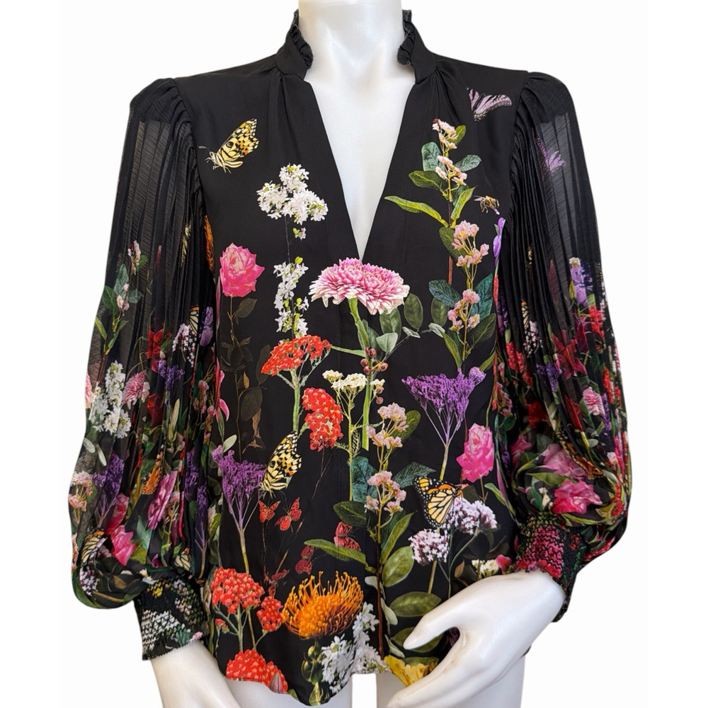 Alice + Olivia Ilan Pleated Blouson Sleeve Button Front Blouse Secret Garden M